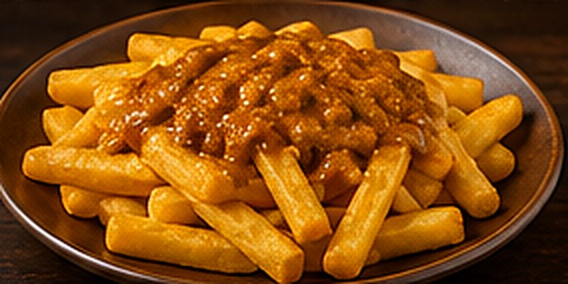 Homemade Chips with Curry or Gravy Sauce Hippie Chippy Costa Teguise Lanzarote